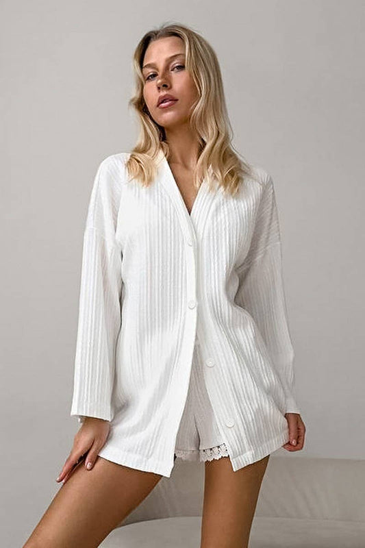 CWSPJ0313_WHITE KNITTED LACE PAJAMAS TWO-PIECE SET