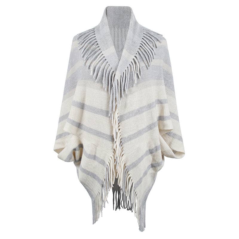 FRINGED CAPE COAT KNITTED STRIPED CAPE WOMAN