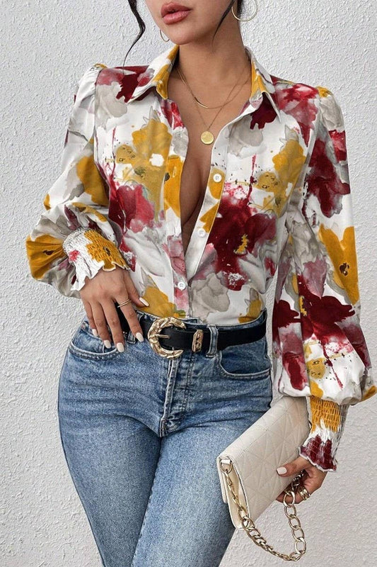 CWTSTL2885_PRINTED COLLARED PUFF SLEEVE LOOSE FIT SHIRT