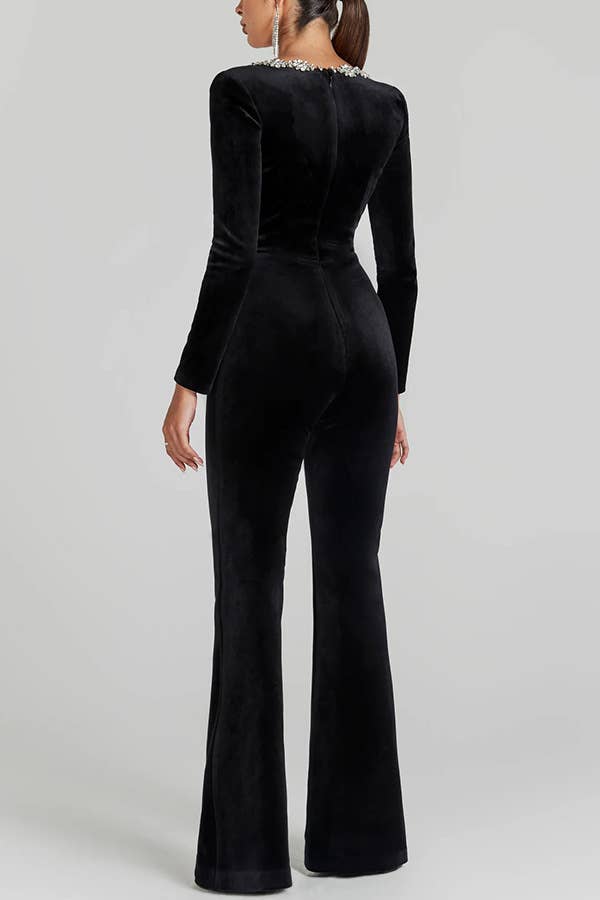 DIAMOND VELVET SQUARE NECK HIGH-WAISTED JUMPSUIT