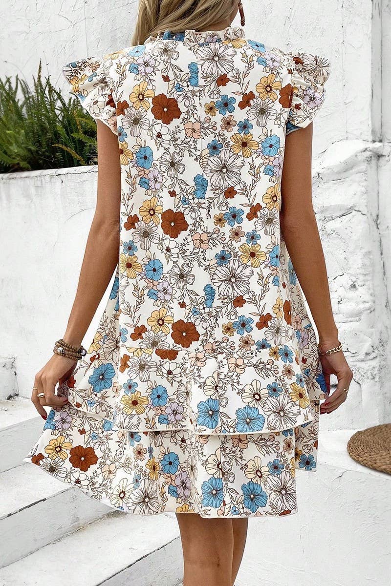 CWDSD8212_BOHEMIAN V-NECK FLYING SLEEVES LACE-UP DRESS