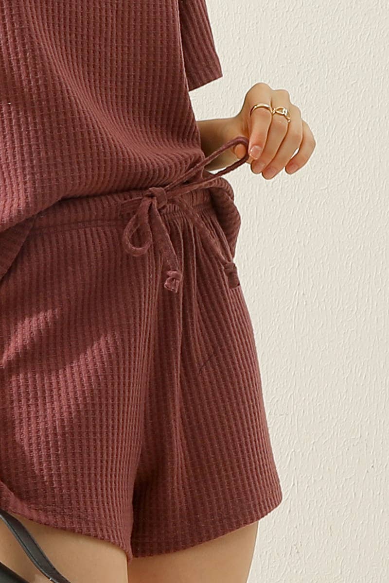 CWSTB274_SOLID WAFFLE KNIT TEE TOP & DRAWSTRING WAIST SHORTS