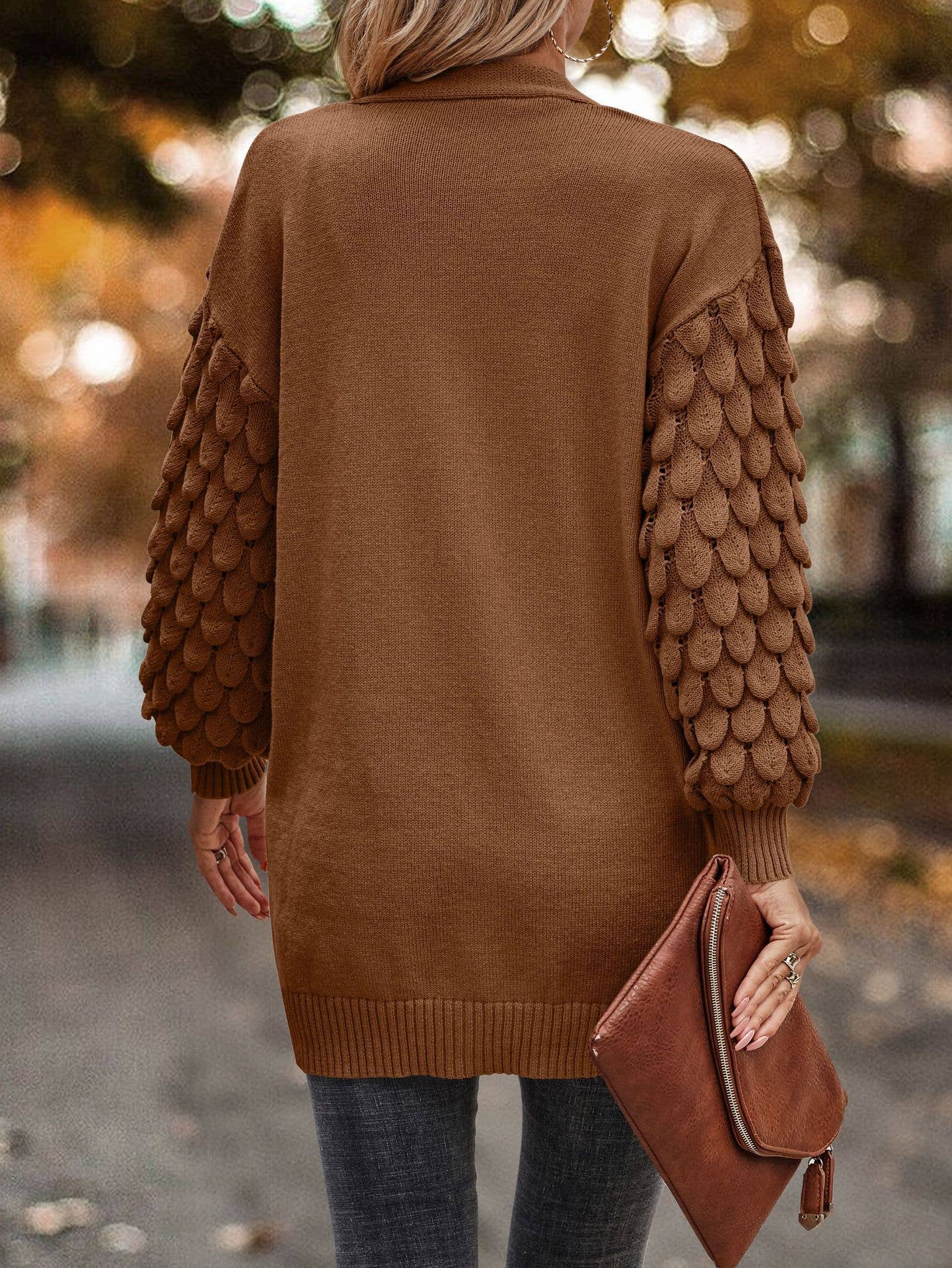 FEATHERED V-NECK LONG SLEEVE KNIT CARDIGAN