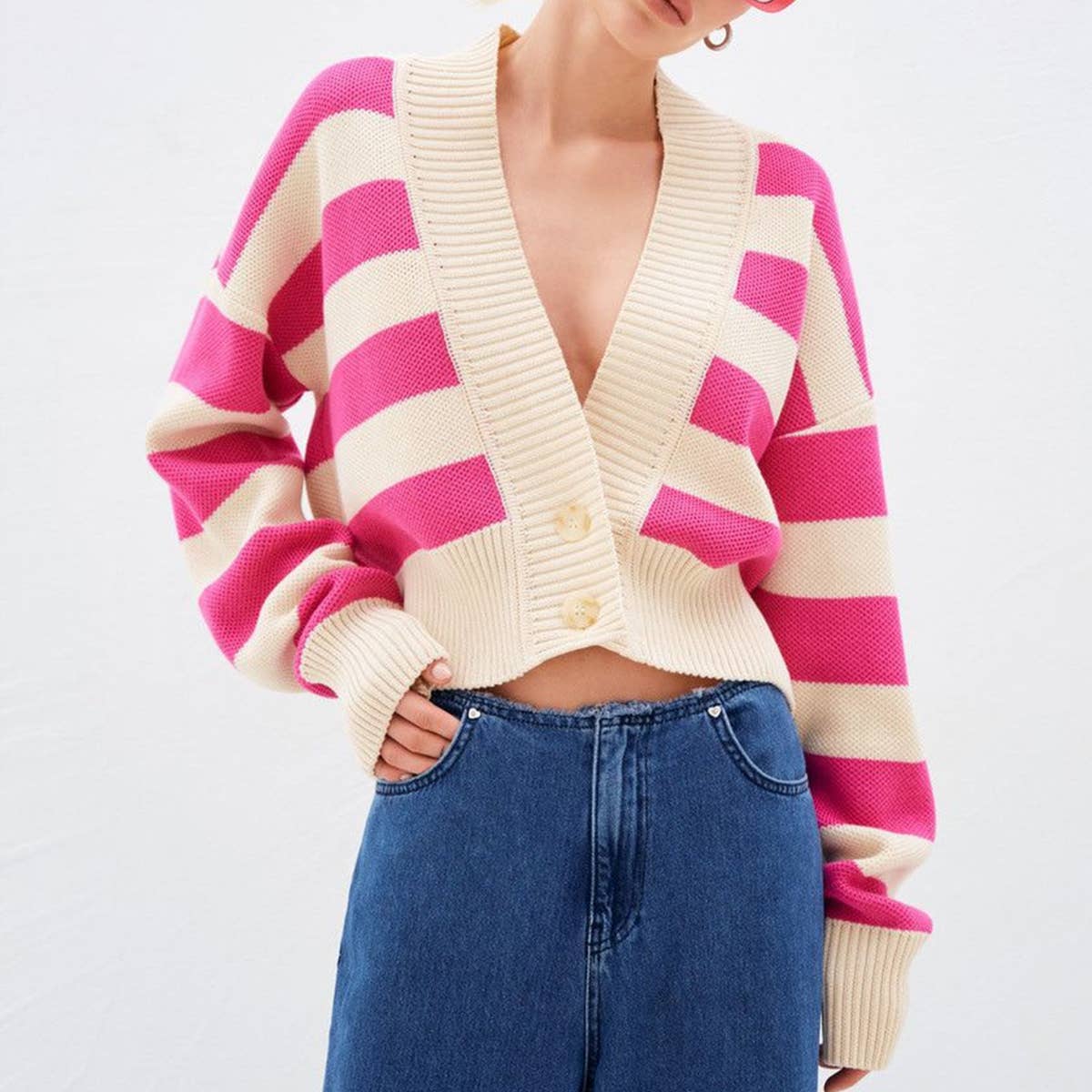 Contrasting color stripes loose knitted cardigan