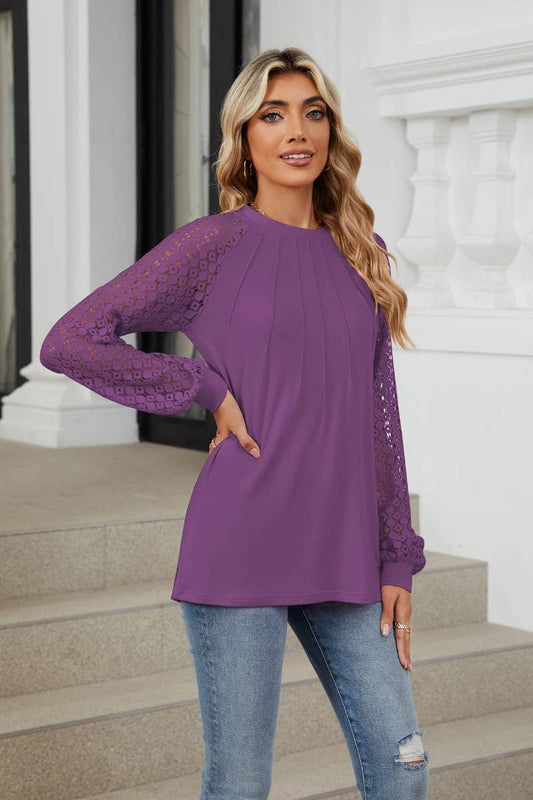 CWTBLL2860_CREW-NECK LACE PATCHWORK LONG-SLEEVED TOP