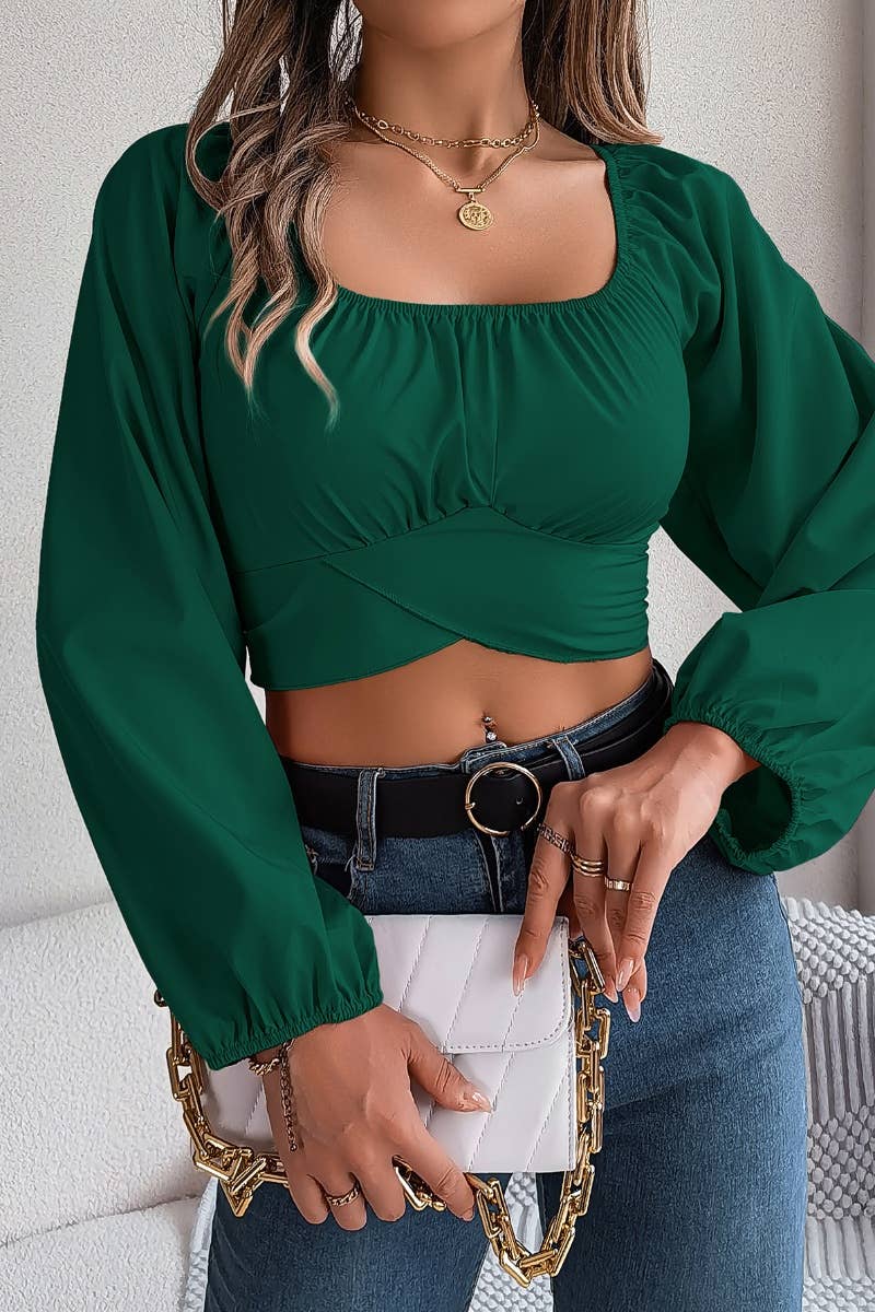 CWTBLL0940_SUMMER LANTERN SLEEVE CHIFFON WAIST CROP TOP