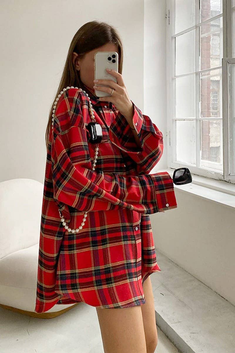 CWTBLL3354_RETRO PLAID LOOSE LONG-SLEEVED SHIRT TOP