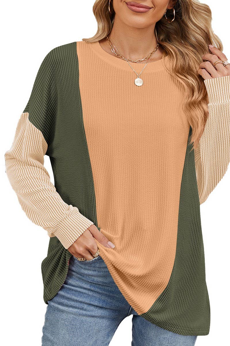 CWTBLL2358_ROUND NECK LOOSE STITCHING LONG SLEEVE TOP