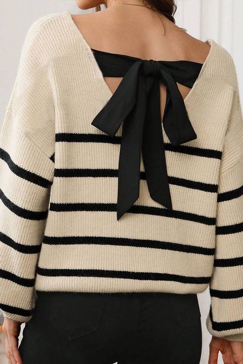 CWOSWL07360_STRIPED COLORBLOCK BOW TIE LOOSE KNIT SWEATE