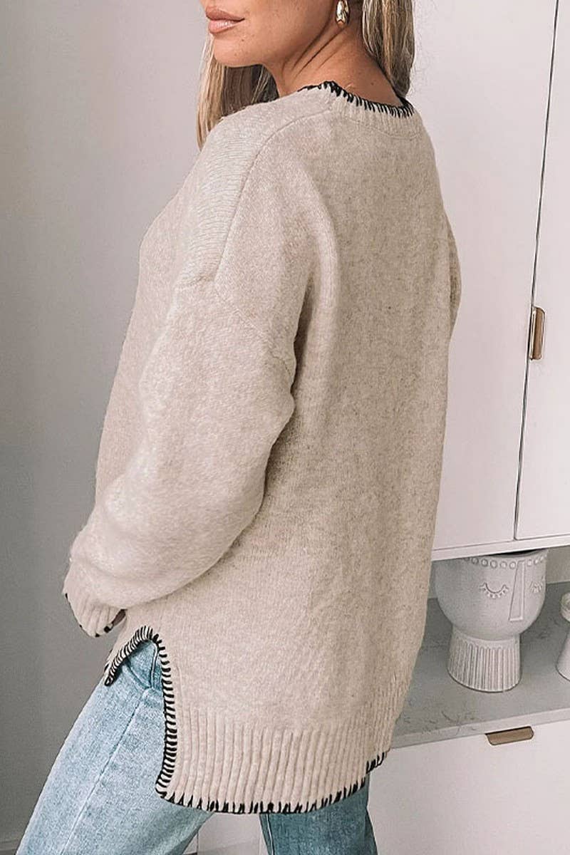 CWOSWL3780_CREW NECK CASUAL LONG SLEEVE SLIT KNITTED SWEATER