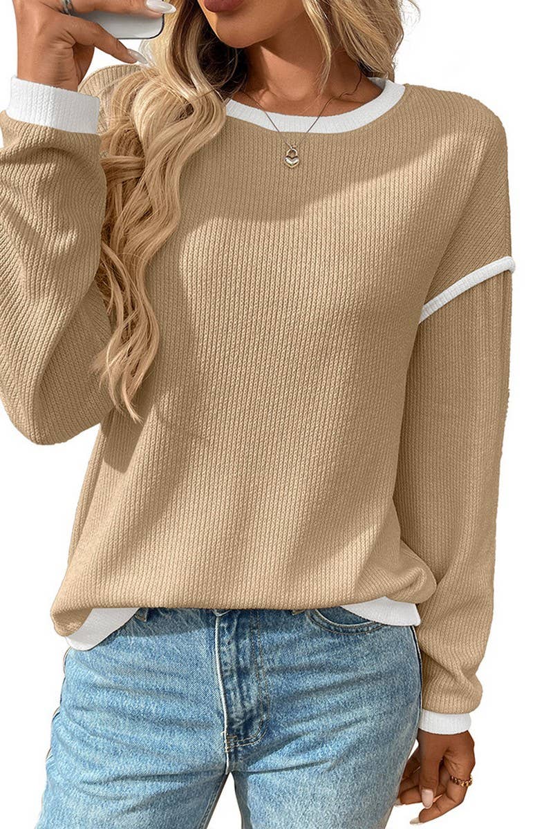 CWOSWL07154_COLORBLOCK KNIT-LOOK CREWNECK LOOSE TOP