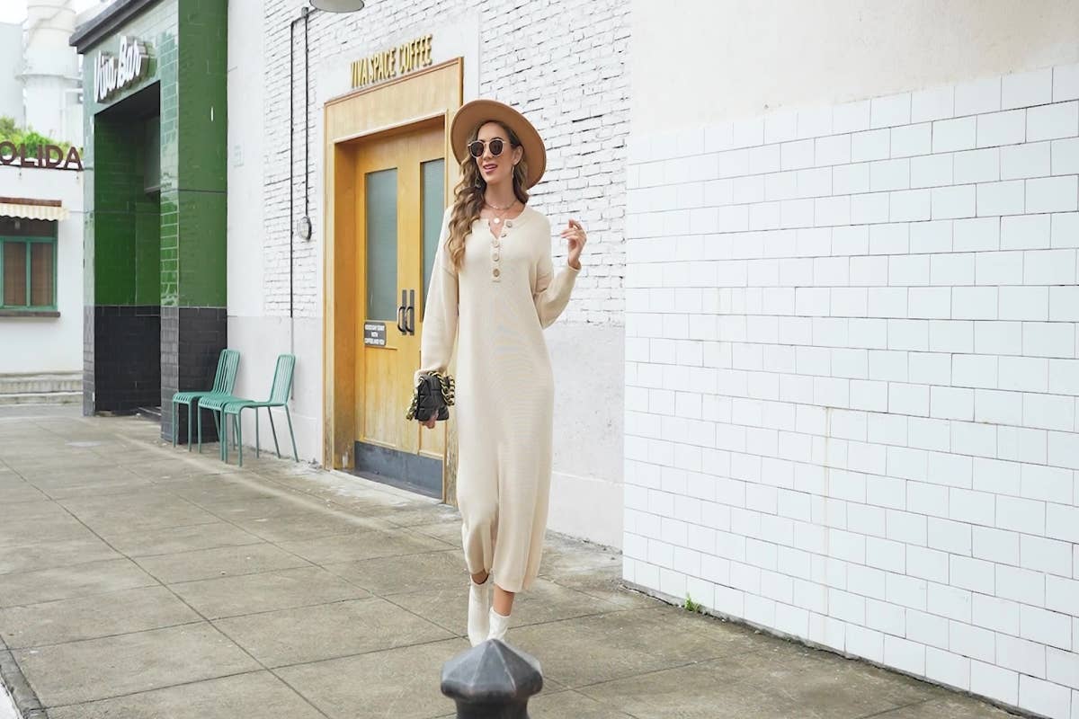 CWDMD538  Long Sleeve Loose V-Neck Button Tops Long Sweater