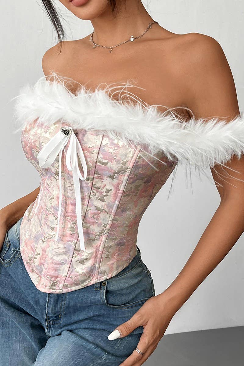 CWTTT0054_OFF-SHOULDER FUR PATCHWORK HERRINGBONE TOP