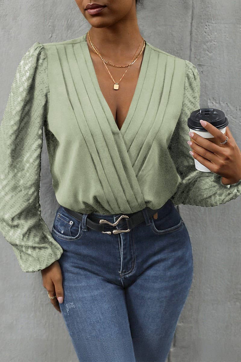 CWSBSL00030_SOLID V-NECK RUFFLE LACE SHEER BODYSUIT