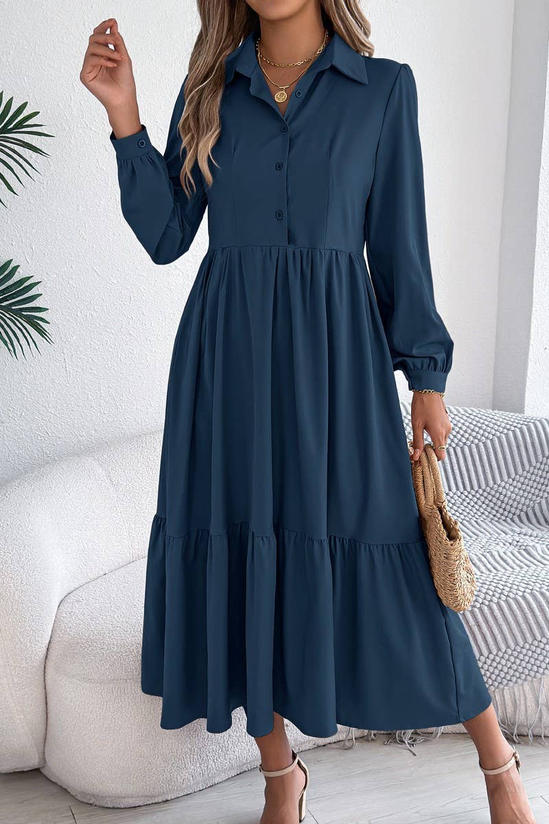 CWDMD6027_LOOSE FIT RUFFLE TRIM LONG SLEEVE SHIRT DRESS