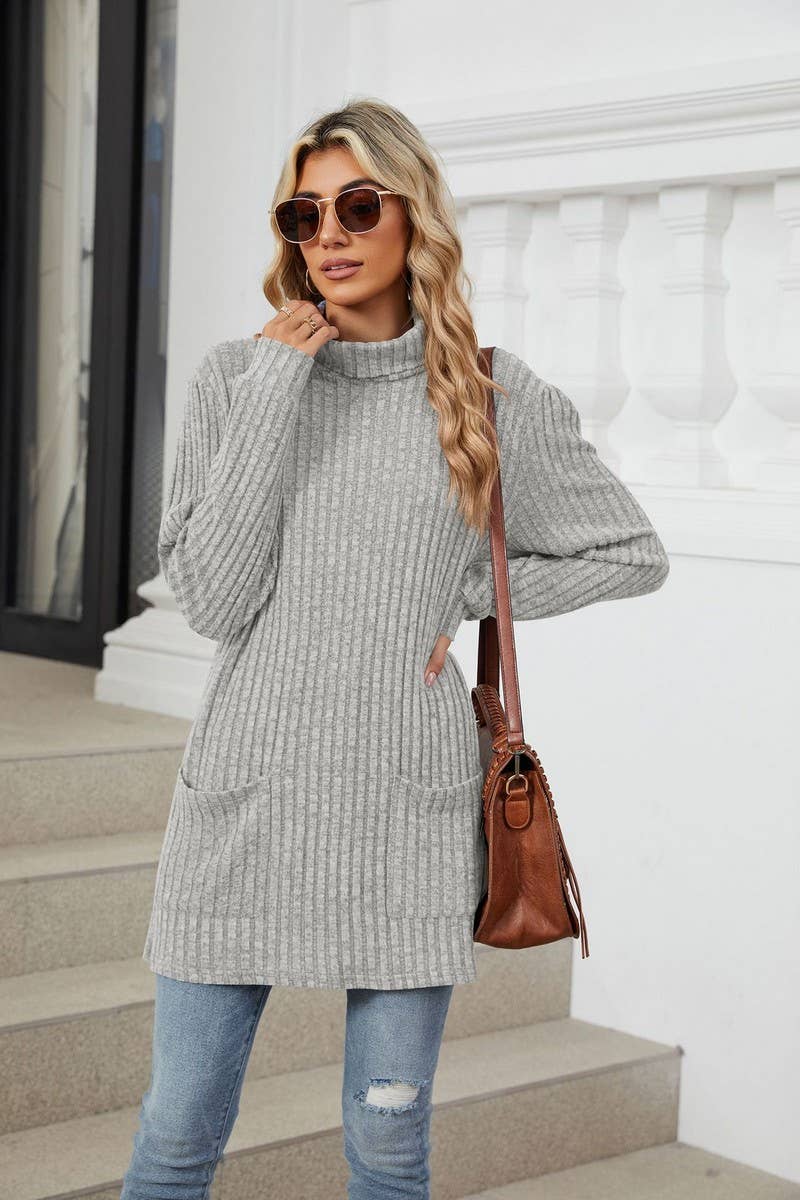 CWTBLL2364_HALF TURTLENECK LONG SLEEVE CASUAL POCKET TOP