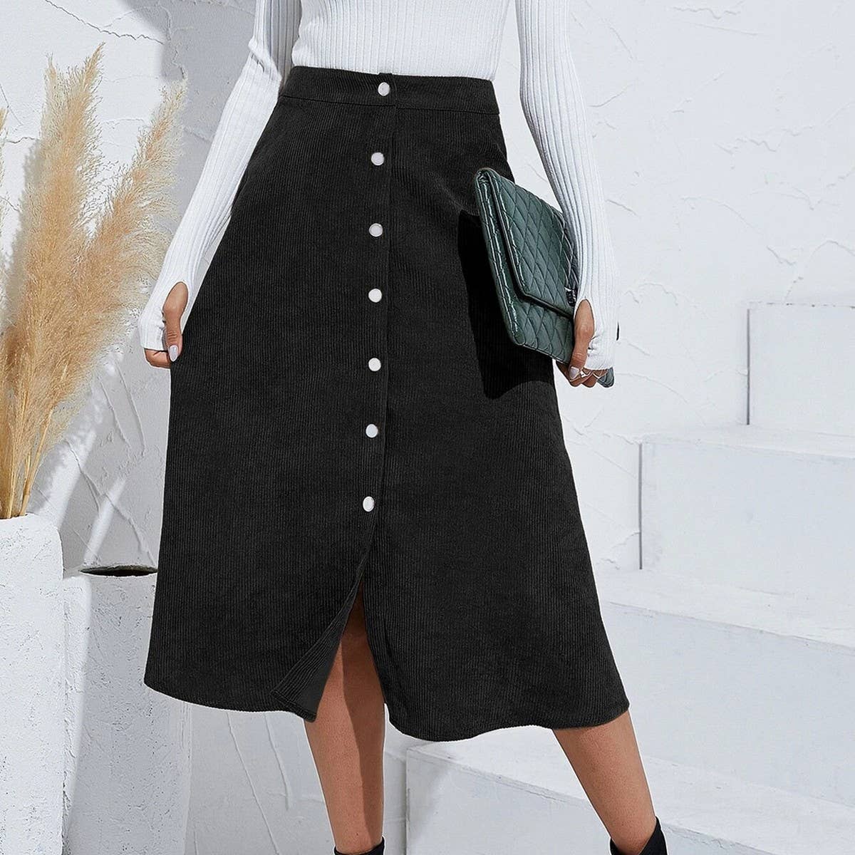 CORDUROY SKIRT SINGLE BREASTED HIGH WAISTLONGSKIRT