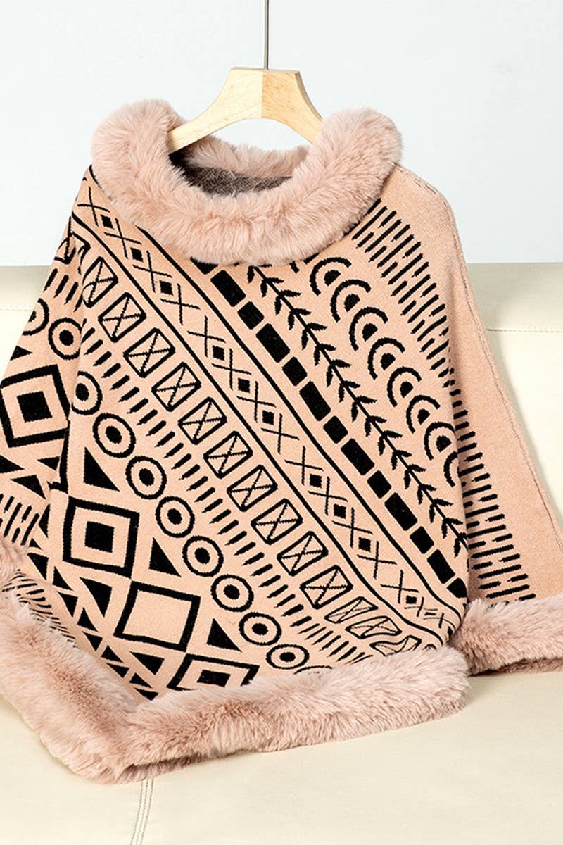 CWOSWS0094_FUR COLLAR GEOMETRIC PATTERN SWEATER SHAWL