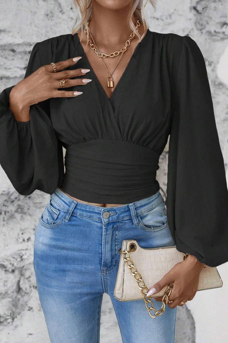 CWTTL2007_SPRING AND AUTUMN FASHION WAIST V-NECK TOP