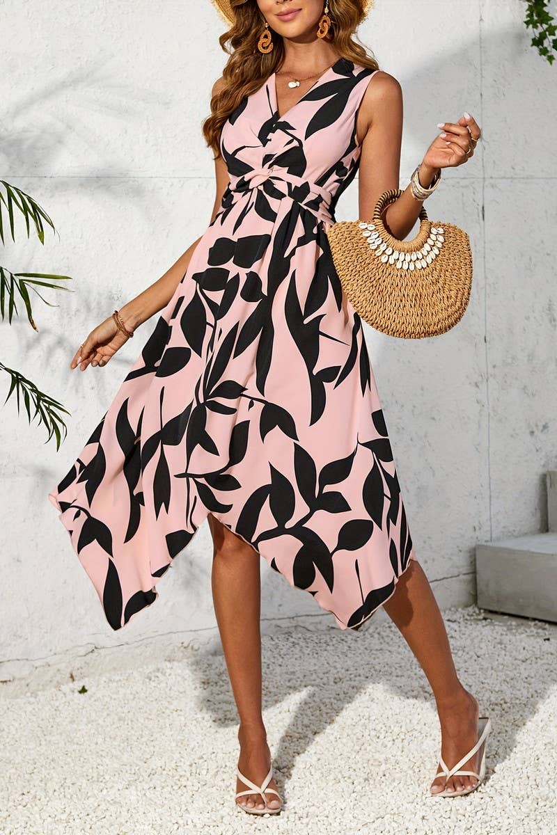 CWDSD3740_LEAF PRINT KINK IRREGULAR MIDI DRESS