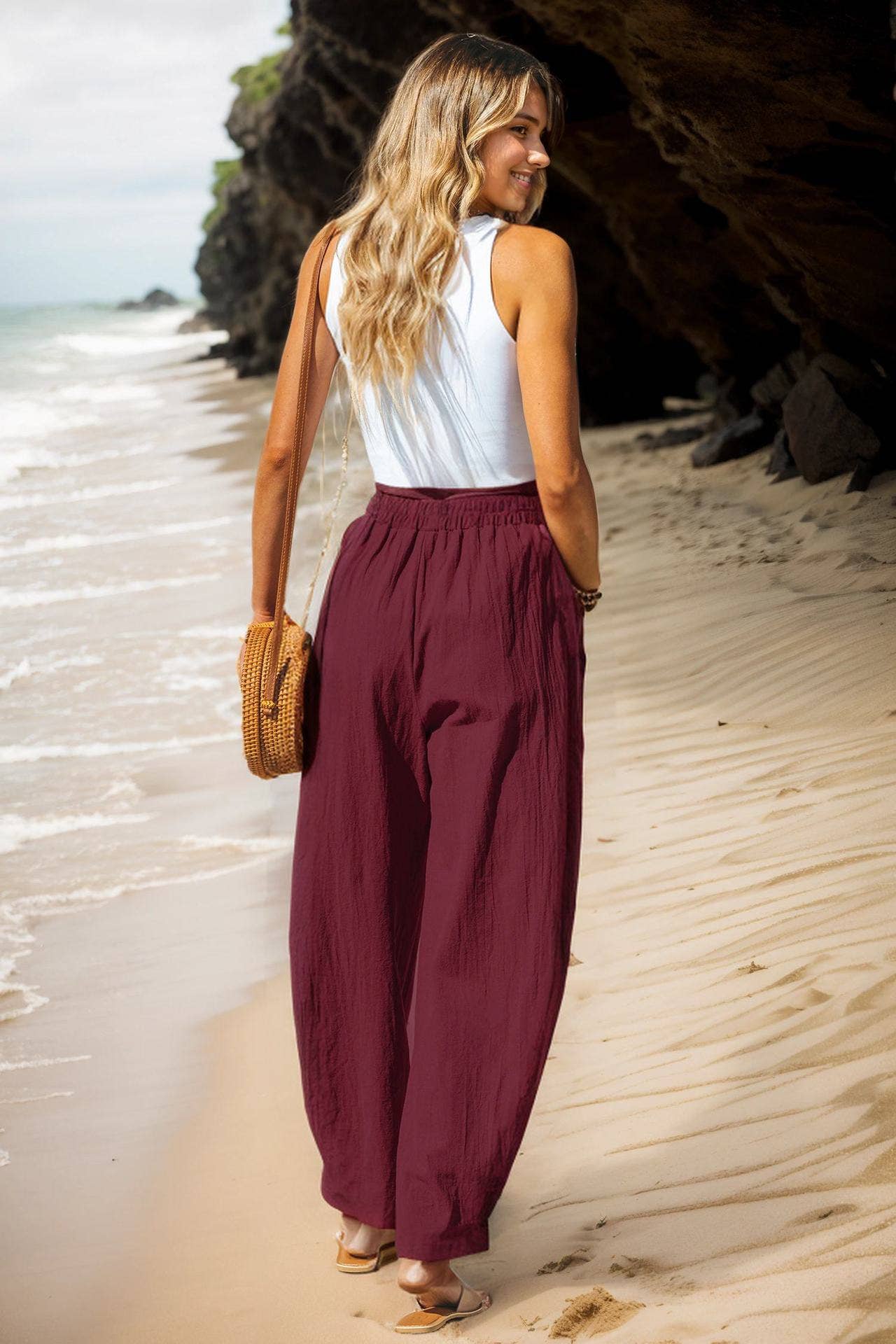 COTTON AND LINEN HOLIDAY STRETCH WAIST OVERALLS