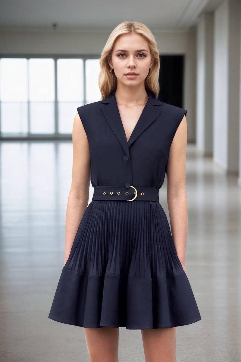 CWDSD8858_SLEEVELESS COLLARED RUCHED SOLID MINI DRESS