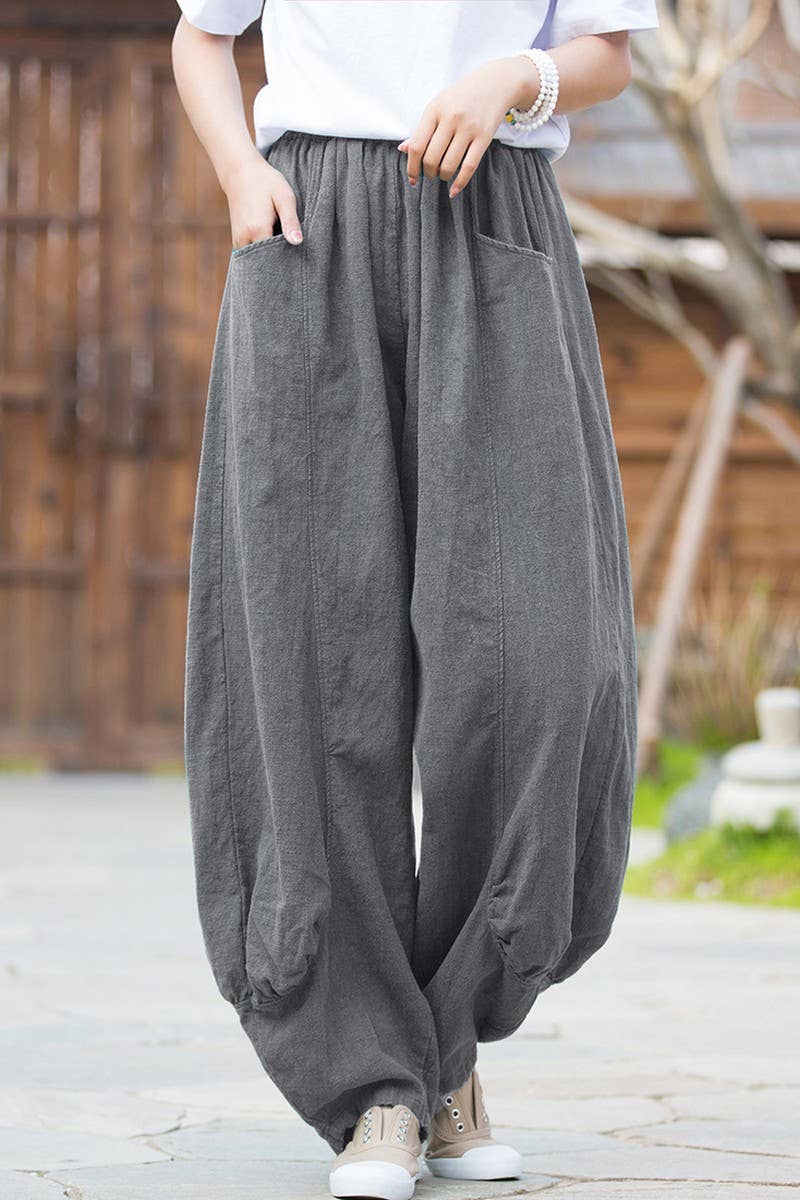 CWBLP1379_SOLID COLOR RAMIE SAND-WASHED WIDE-LEG PANTS