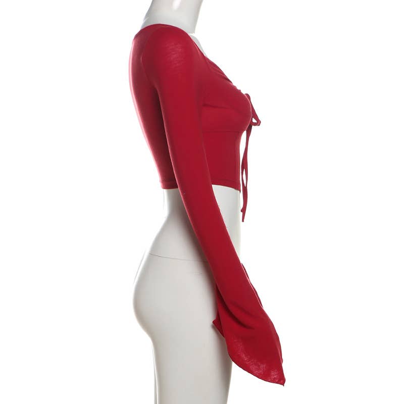 CROP SLEEVES DRAWSTRING PLEATS SOLID COLOR BLOUSE