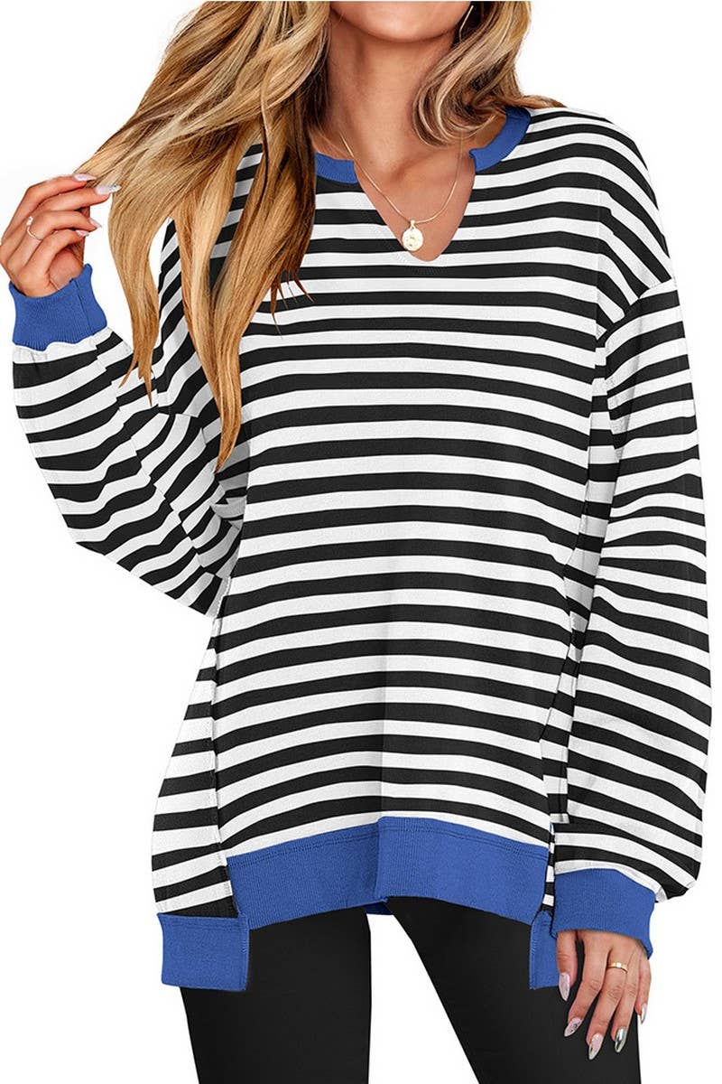 CWTBLL00830_COLORFUL STRIPE V NECK LOOSE SWEATSHIRT