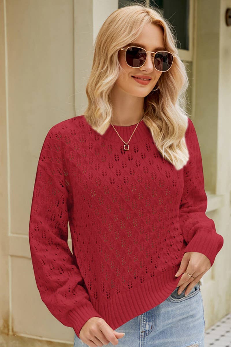 CWOSWL2678_LOOSE CREW NECK PULLOVER HOLLOW KNIT TOP