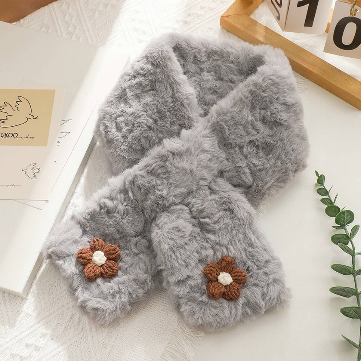 Brown Floral Fuzzy Scarf - Neck Wrap for Students_CWASC1251