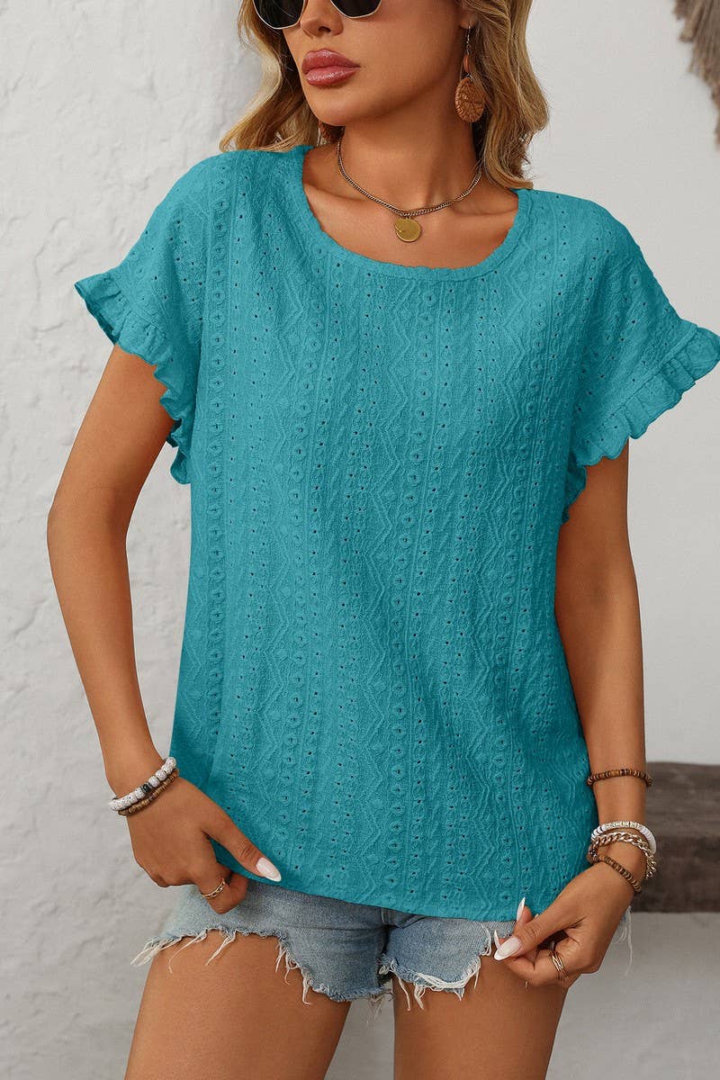 CWTBLS1710_SOLID COLOR ROUND NECK SHORT SLEEVE HOLLOW TOP
