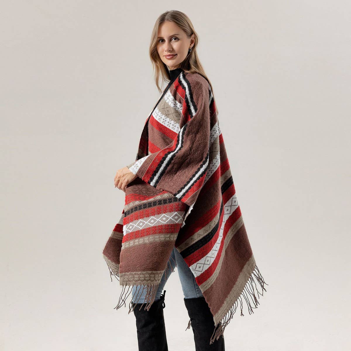FAUX CASHMERE TASSEL SHAWL BLANKET SLIT CAPE