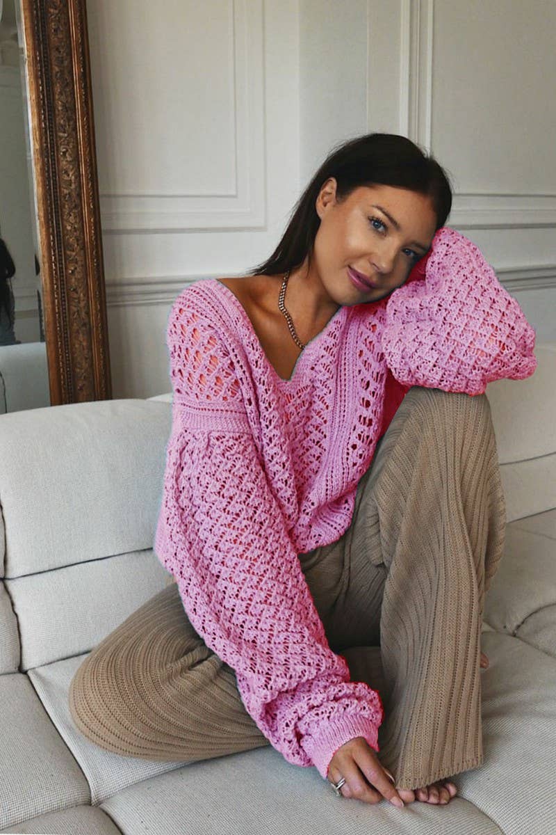 CWOSWL3168_HOLLOW V-NECK KNITTED CROCHETED SWEATER