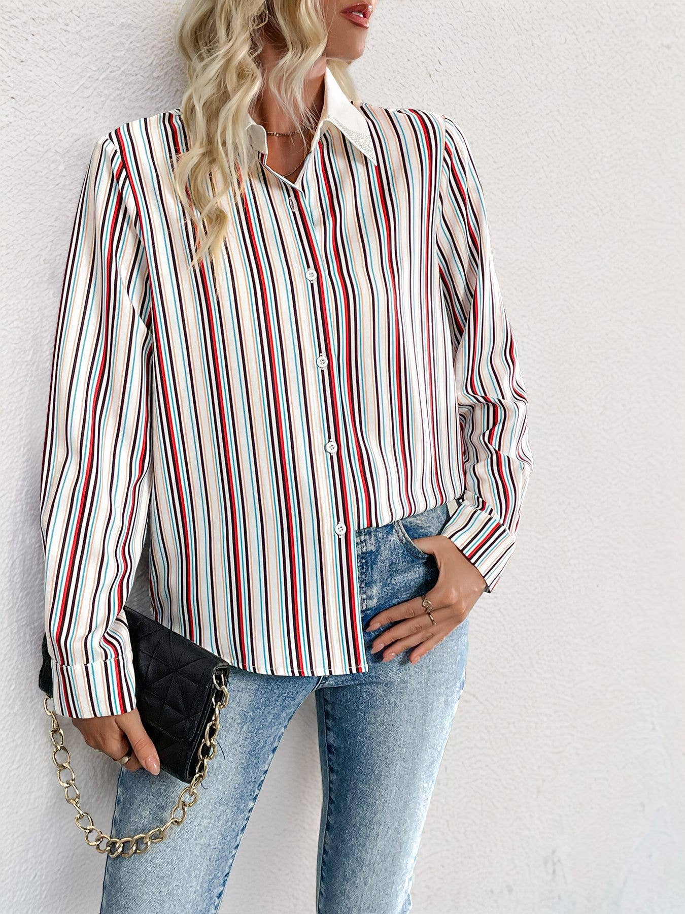 Casual lapel colorful vertical striped shirt
