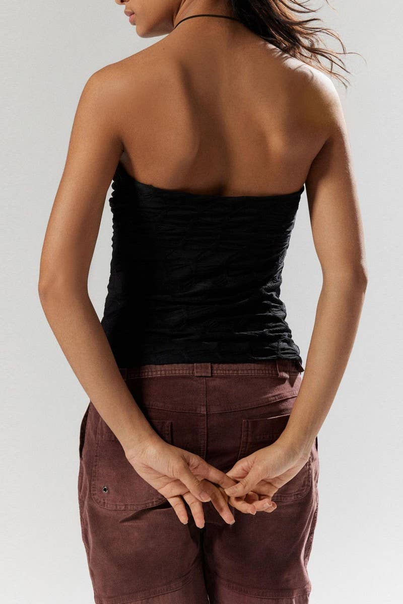 CWTTT0074_SOLID RUCHED STRAPLESS ASYMMETRICAL TIE CROP TOP