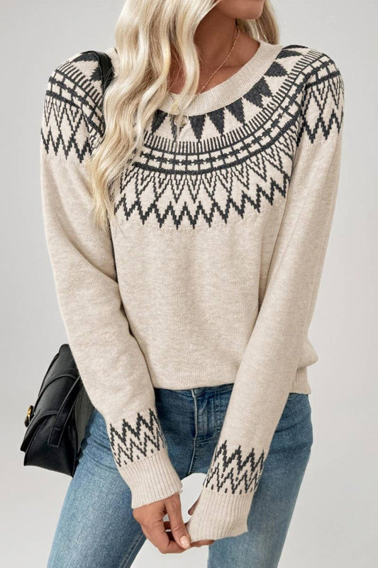 CWOSWL07130_ETHNIC STYLE ROUND NECK PULLOVER KNITTED SWEATER