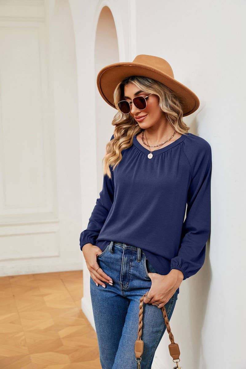 CWTBLL2370_LONG SLEEVE V NECK PLEATED LOOSE PULLOVER
