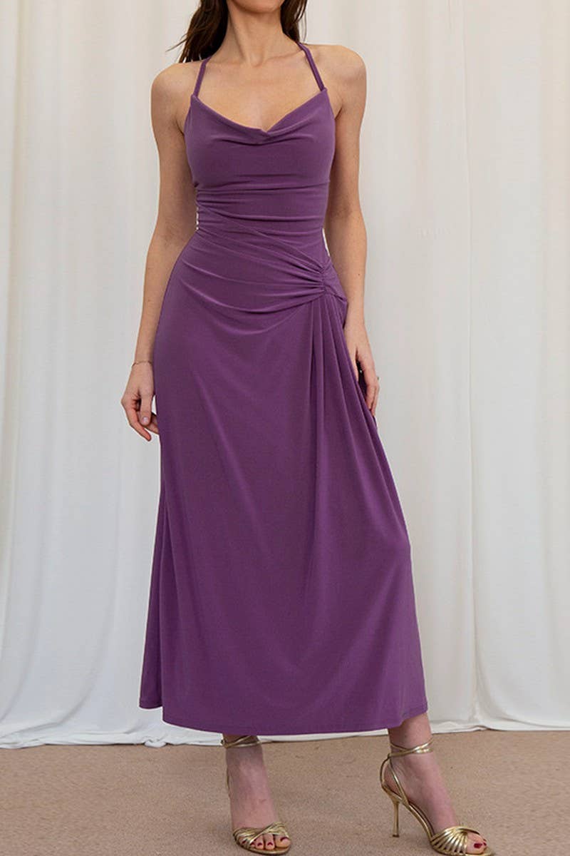 CWDHL0792_SOLID COWL NECK TIE?BACK BODYCON EVENING GOWN