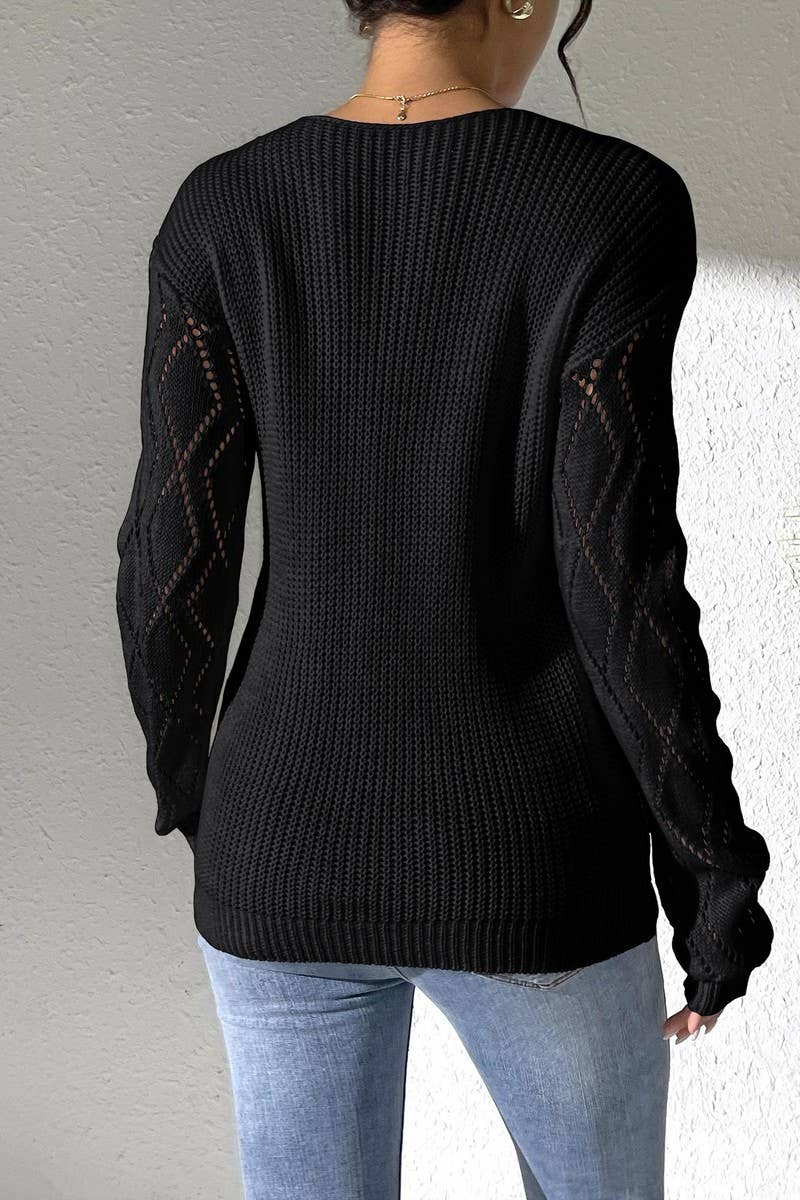 CWOSWL07385_WOMEN LACE V NECK COLOR BLOCK KNIT TOP