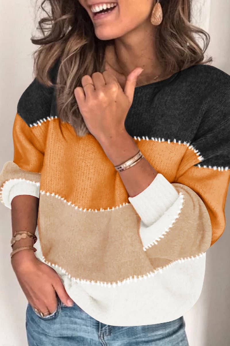 CWOSWL3115_COLORBLOCK CREW NECK MID-LENGTH KNITTED SWEATER