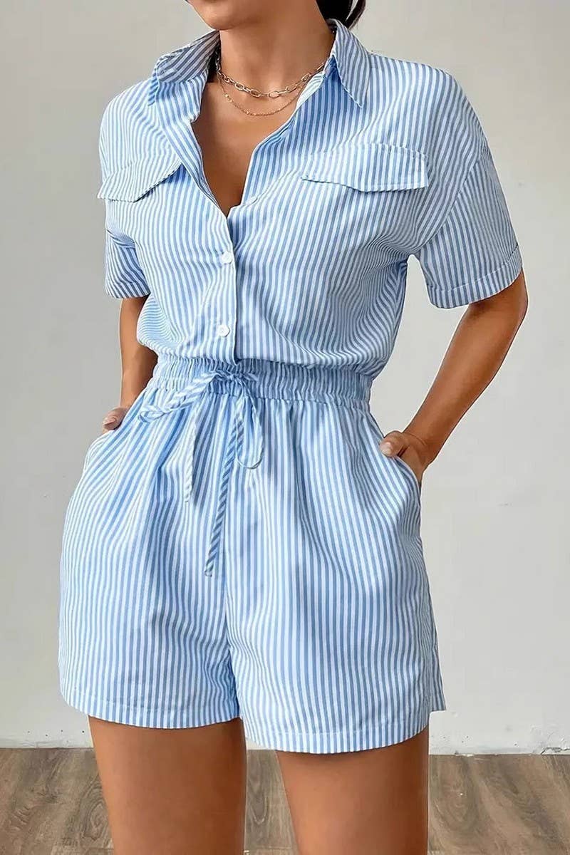 CWSS1216_STRIPED BUTTON CASUAL SHORT SLEEVE WAIST JUMPSUIT