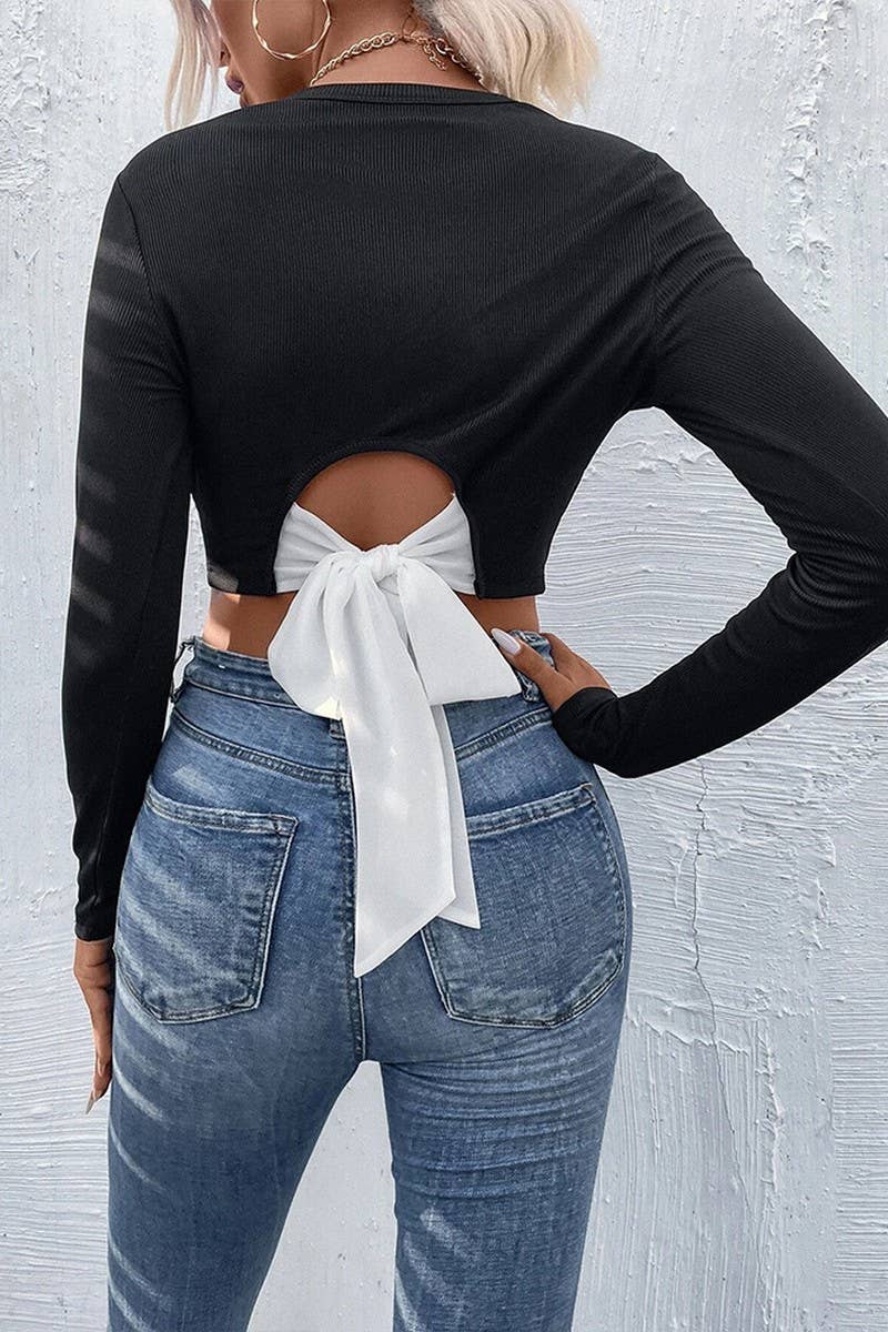 CWTBLL2720_BACK BOW ROUND NECK LONG SLEEVE T-SHIRT TOP