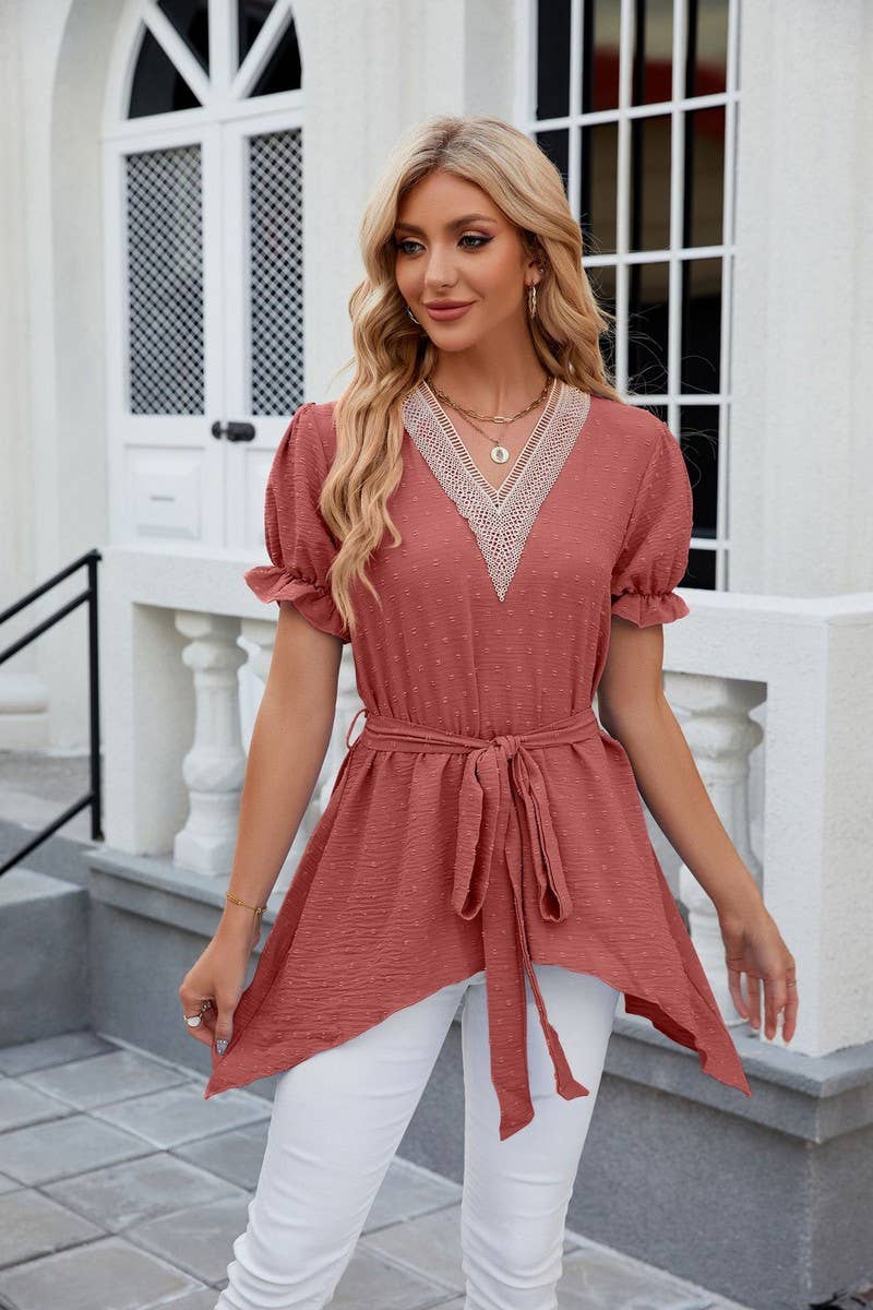 CWTBLS0445_V-Neck Short Sleeve Lace Trim Top