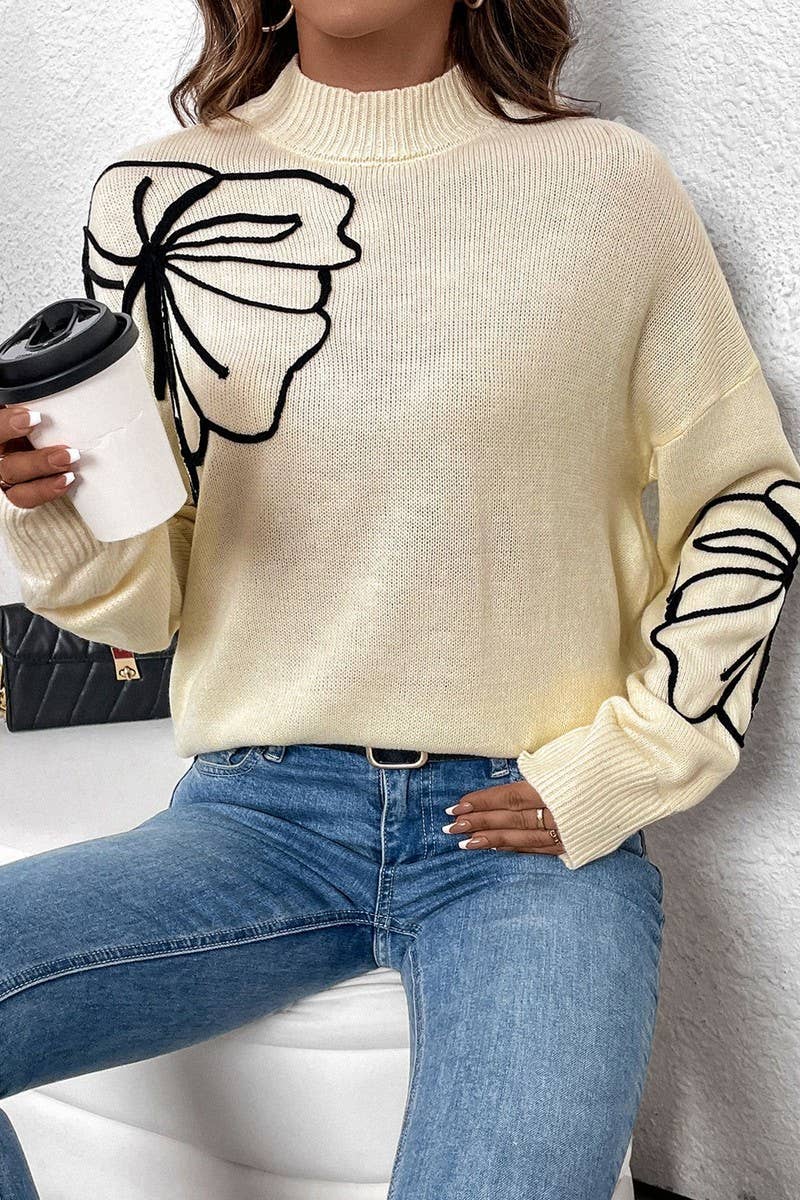 CWOSWL6836_AUTUMN WOMEN'S HALF TURTLENECK FLORAL SWEATER