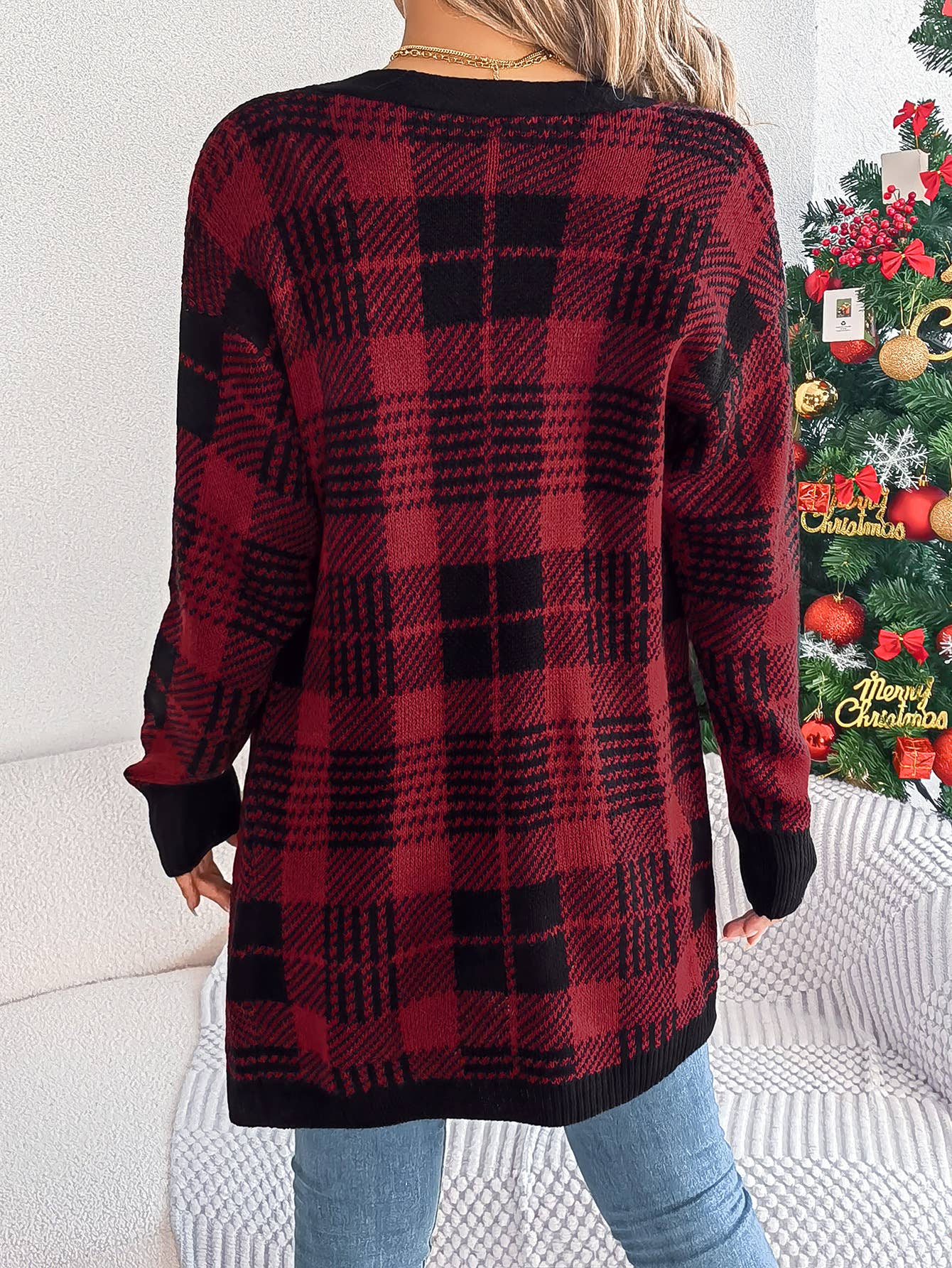 CASUAL COLOR CONTRAST PLAID POCKET CARDIGAN COAT