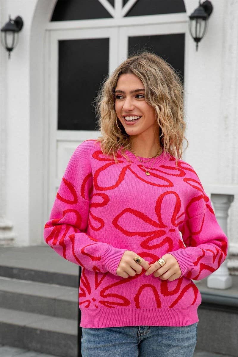 CWOSWL07602_FLORAL COLORBLOCK CREWNECK LOOSE KNIT SWEATER