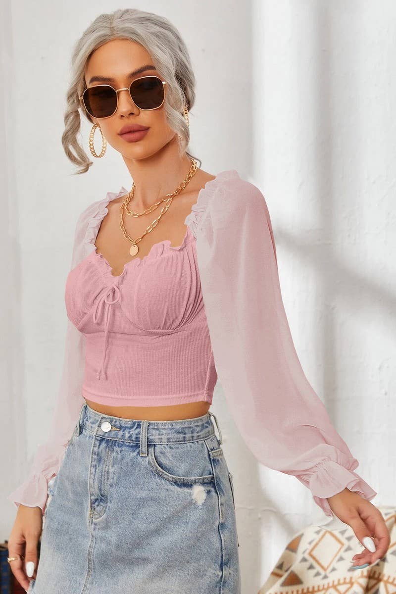 CWTBLL2261_SQUARE COLLAR RUFFLED LONG SLEEVE SHORT TOP