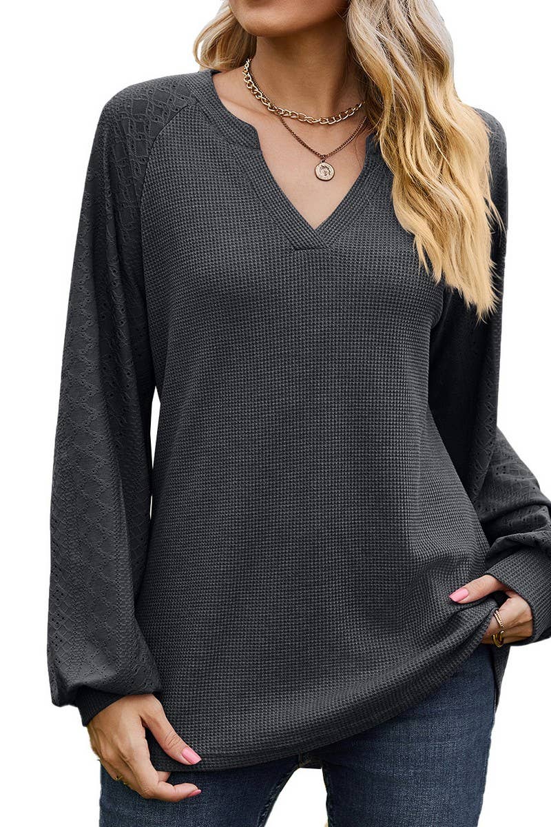 CWTBLL01313_V NECK WAFFLE KNIT SOLID LONG SLEEVE LOOSE TEE
