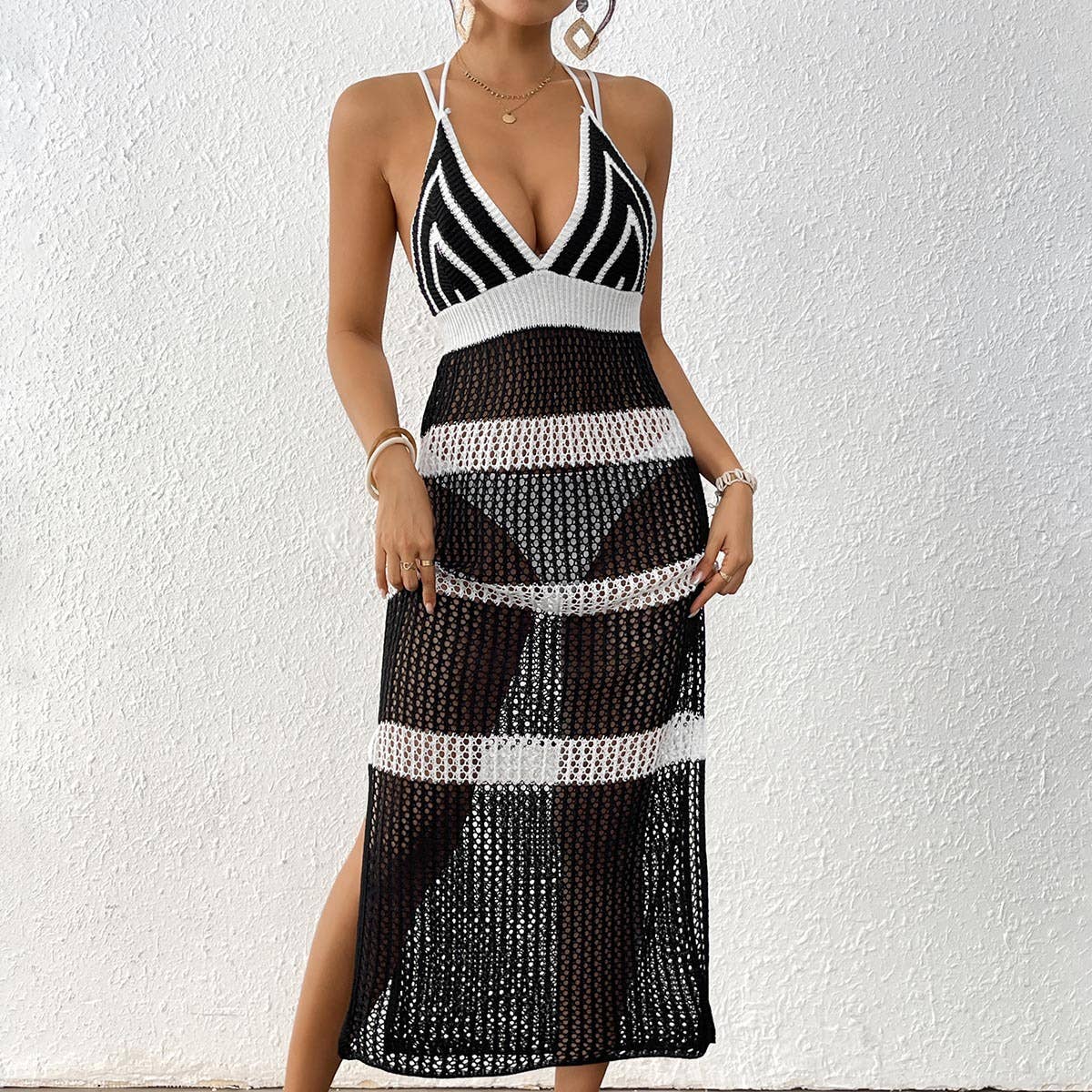 Deep V patchwork strap slim-fit blouse dress